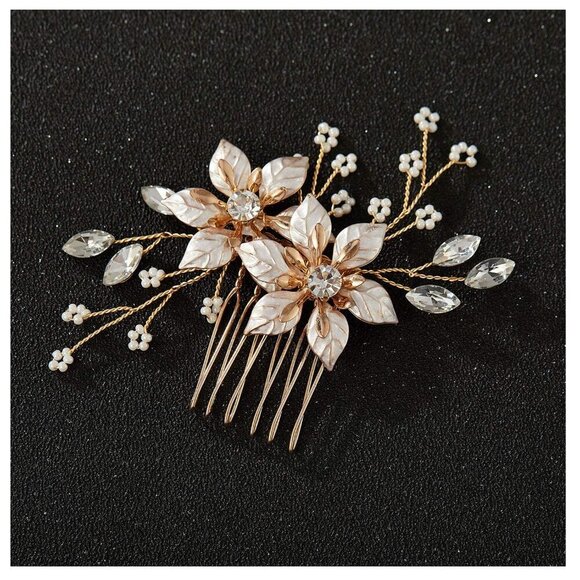 Gold Bridal Hair Comb Handmade Wedding Accessory Floral Rhinestone Women main image 7